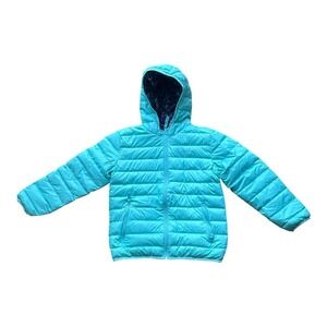 Eddie Bauer Girls Turquoise Blue Quilted Hooded Puffer Jacket Floral Lining